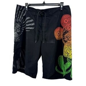 Disney Parks Mickey Board Shorts Mens 34 Black Swim Trunks Rasta Graphic